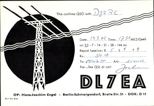 Bild des Verkufers fr Ansichtskarte / Postkarte QSL Karte, Funkerkarte, Berlin, Hans Joachim Engel, DL7EA zum Verkauf von akpool GmbH