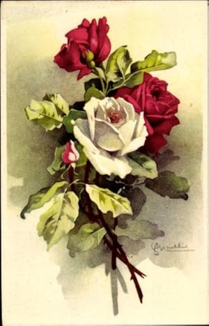 Bild des Verkufers fr Knstler Ansichtskarte / Postkarte Stillleben, Rote und weie Rosen, Blumenstrau zum Verkauf von akpool GmbH
