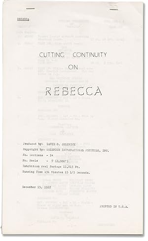 Image du vendeur pour Rebecca (Original post-production cutting continuity script for 1957 re-release of the 1940 film) mis en vente par Royal Books, Inc., ABAA