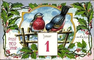 Ansichtskarte / Postkarte Glückwunsch Neujahr, Kalender 1 Januar, Vögel, Stechpalmenzweige