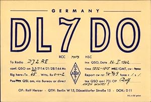 Bild des Verkufers fr Ansichtskarte / Postkarte QSL Karte, Funkerkarte, DL7DO, Ralf Herzer, Berlin zum Verkauf von akpool GmbH