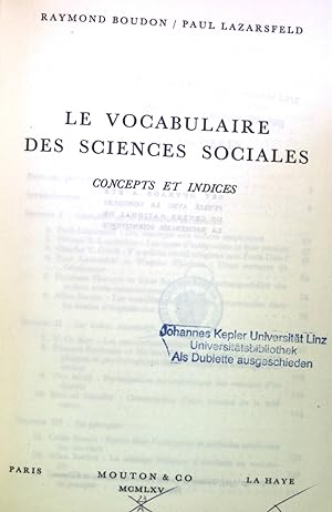 Seller image for Le Vocabulaire des Sciences Sociales: Concepts et Indices. Methodes de la Sociologie, I for sale by books4less (Versandantiquariat Petra Gros GmbH & Co. KG)