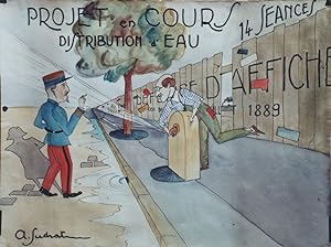 "PROJET EN COURS : DISTRIBUTION D'EAU" / Maquette gouache sur papier de A. SUDRAT vers 1900