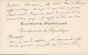 Card with long inscription and autograph signature of Raymond Poincaré