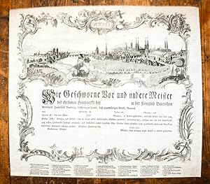 Unausgefülltes Handwerkszeugnis mit grosser Gesamtansicht von Bamberg in ornamentalter Bordüre.