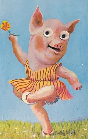 Dancing 1960s Ballerina Pig Glass Moving Eyes Postcard