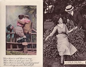 Love In On The Park Bench Fence 2x Old Real Photo Postcard s