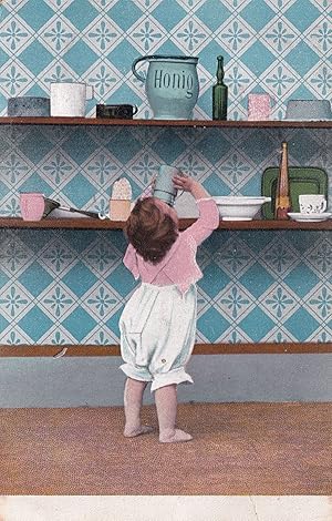 Child Stealing Food From Pantry Antique German 1906 Postcard