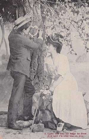 Painting A Love Heart On Tree Edwardian Romance Old Postcard