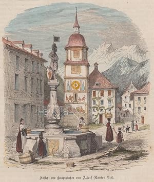 kolorierter Holzstich Ansicht des Hauptplatzes von Altdorf (Canton Uri) (Schweiz)