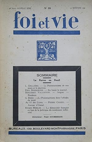 Seller image for FOI et VIE 32e Anne Nouvelle srie N 22 du 15 Novembre 1930 for sale by Bouquinerie L'Ivre Livre