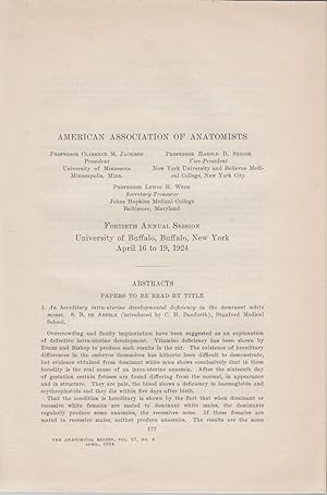 Imagen del vendedor de AMERICAN ASSOCIATION OF ANATOMISTS - FORTIETH ANNUAL SESSION University of Buffalo, Buffalo, New York, April 16 to 19, 1924 a la venta por CANO