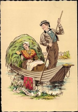 Bild des Verkufers fr Knstler Ansichtskarte / Postkarte Poitou, Paar in Trachten in einem Kahn zum Verkauf von akpool GmbH