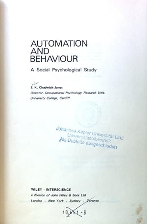 Bild des Verkufers fr Automation and Behaviour: A Social Psychological Study; zum Verkauf von books4less (Versandantiquariat Petra Gros GmbH & Co. KG)