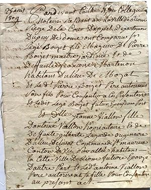 Bild des Verkufers fr Acte de mariage / Coppie du Contrat de Mariage entre Sr Leg Boizet de Mosac et Dlle Janne Viallon deRiom 25 avril 1809. zum Verkauf von Jean-Paul TIVILLIER