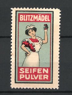 Bild des Verkufers fr Reklamemarke Blitzmdel Seifenpulver, Hausfrau mit Schachtel zum Verkauf von Bartko-Reher