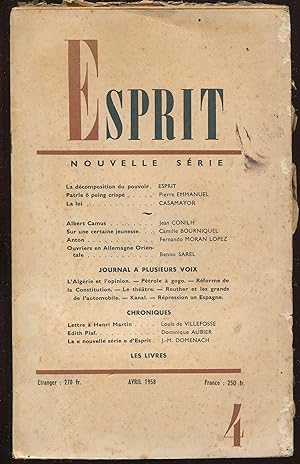Imagen del vendedor de Esprit Nouvelle srie n260, avril 1958 a la venta por LibrairieLaLettre2
