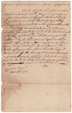 Autograph letter signed to the Gentleman of Senate and House