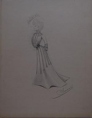 11 LARGE ORIGINAL PENCIL DRAWINGS OF LADIES FASHIONS- DRESSES - CIRCA 1900