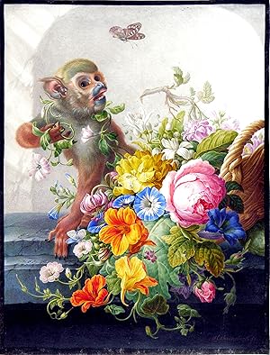 Still-life with a monkey and a basket of flowers on a stone ledge