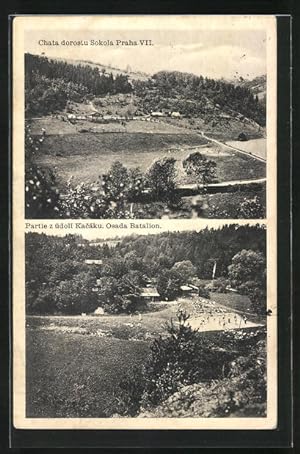 Ansichtskarte Podkozi, Chata dorostu Sokola Praha VII, Partie z udoli Kacaku, Osada Batalion