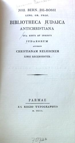 Bild des Verkufers fr Bibliotheca Judaica Antichristiana; Bibliotheca Rossiana; zum Verkauf von books4less (Versandantiquariat Petra Gros GmbH & Co. KG)