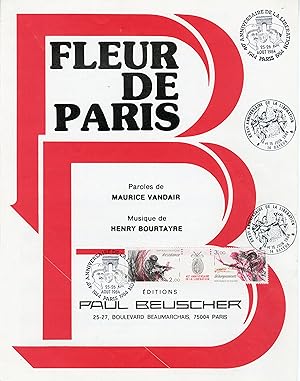 "FLEUR DE PARIS" Partition originale timbrée pour le 40ème anniversaire de la Libération / Parole...