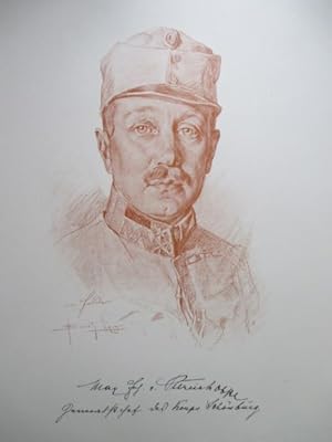 Seller image for Portrt. Brustbild in der Uniform als "Oberst", darunter faksimilierte Unterschrift. Autotypie/Farbdruck nach einer Rtelzeichnung von Oskar Brch (1869-1943), Format: 37,0 x 28,5 cm, 1915. for sale by Antiquariat Michael Eschmann