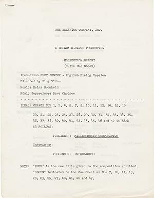 Bild des Verkufers fr Ruby Gentry (Post-production Music Cue Sheet script for the 1952 film) zum Verkauf von Royal Books, Inc., ABAA