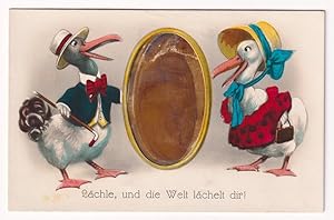 Neujahrs-Scherzkarte (2 Enten mit Spiegel. "Lächle, und die Welt lächelt dir!") mit eigenhänd. 4 ...