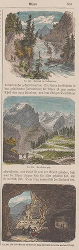 kolorierter Holzstich Alpen: Rheinfall im Rofflagrunde; Die Ortlesspitze; Die dritte Galerie des ...