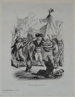 Bild des Verkufers fr Gravure d'aprs J.-J. Grandville tire de "Scnes de la vie prive et publique des animaux" (1853) : Voyage d'un moineau de Paris zum Verkauf von Abraxas-libris