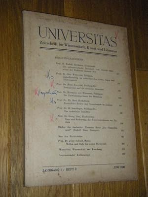 Bild des Verkufers fr Universitas. Zeitschrift fr Wissenschaft, Kunst und Literatur. Heft 3, Juni 1946, 1. Jahrgang zum Verkauf von Versandantiquariat Rainer Kocherscheidt