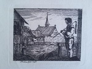 Bauer mit Dreschflegel über der Schulter und Dorfansicht im Hintergrund - Original-Kupferstich, g...