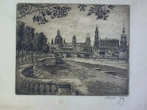 Dresden und Altstadt vom Königsufer - Original-Radierung