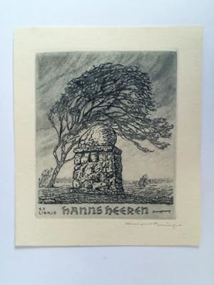 Exlibris für Hanns Heeren (dargestellt ein Baum und ein Denkmal sowie Wolfsangel-Zeichen) - Hands...