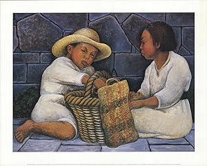 Seller image for DIEGO RIVERA Dos Ninos 15.75" x 19.75" Offset Lithograph 1999 Modernism Brown, White, Blue Horizontal for sale by Art Wise