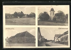 Ansichtskarte Zdislavice, Ortspartien mit Strasse, Kirche und Marktplatz