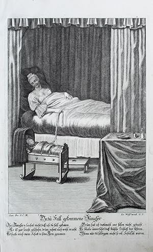 Seller image for "Die zu Fall gekommene Jungfer" originaler Kupferstich ca.26,5x18,5cm (Darstellung/image size) von Wolff auf B�ttenpapier (35x21cm) unterhalb der Darstellung in der Platte bezeichnet, betitelt und mit zweispaltigen sp�ttischen Dreizeiler; Jeremias for sale by Kunsthandel & Antiquariat Magister Ru�