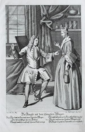Seller image for "Die Jungfer mit dem schwachen Magen" originaler Kupferstich ca.26,5x19cm (Darstellung/image size) von Wolff auf B�ttenpapier (35x21,5cm) unterhalb der Darstellung in der Platte bezeichnet, betitelt und mit zweispaltigen sp�ttischen Dreizeiler; Jeremias for sale by Kunsthandel & Antiquariat Magister Ru�