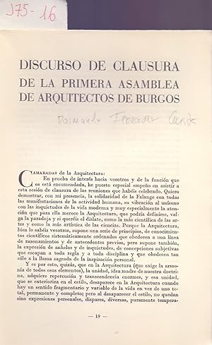 Imagen del vendedor de DISCURSO DE CLAUSURA DE LA PRIMERA ASAMBLEA DEL ARQUITECTOS DE BURGOS a la venta por Libreria 7 Soles