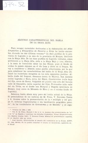 Seller image for ALGUNAS CARACTERISTICAS DEL HABLA DE LA RIOJA ALTA for sale by Libreria 7 Soles