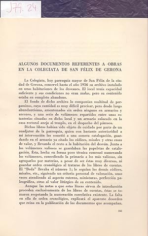 Seller image for ALGUNOS DOCUMENTOS REFERENTES A OBRAS EN LA COLEGIATA DE SAN FELIX DE GERONA (GIRONA) for sale by Libreria 7 Soles