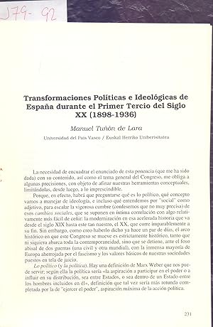 Seller image for TRANSFORMACIONES POLITICAS E IDEOLOGICAS DE ESPAA DURANTE EL PRIMER TERCIO DEL SIGLO XX (1898-1936) for sale by Libreria 7 Soles