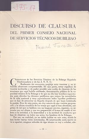 Imagen del vendedor de DISCURSO DE CLAUSURA DEL PRIMER CONSEJO NACIONAL DE SERVICIOS TECNICOS DE BILBAO a la venta por Libreria 7 Soles