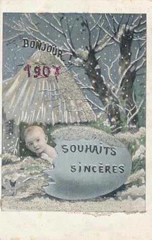 Glitzer Ansichtskarte / Postkarte Glückwunsch Neujahr, Baby schlüpft aus einem Ei, 1907