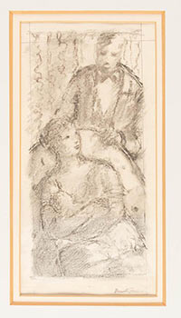 Original drawing of a Man standing over a seated woman with a Child.