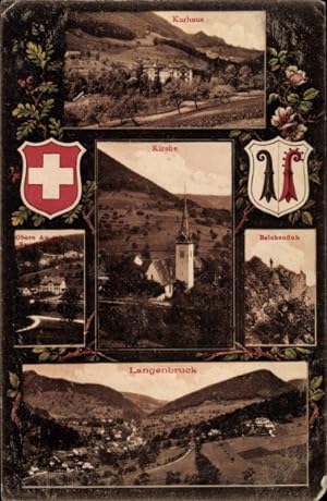 Wappen Ansichtskarte / Postkarte Langenbruck Kanton Basel Land, Kirche, Kurhaus, Blick auf den Ort