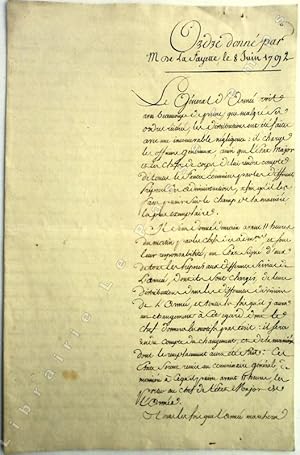 Imagen del vendedor de Pice manuscrite 'ORDRE DONN PAR M. DE LA FAYETTE, le 8 Juin 1792'. a la venta por Jean-Paul TIVILLIER