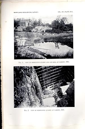 Bild des Verkufers fr PRINT: "2 Views of Serpentine Quarry at Cardiff, Maryland" . Plate XIV, from Maryland Geological Survey Volume Twelve zum Verkauf von Dorley House Books, Inc.